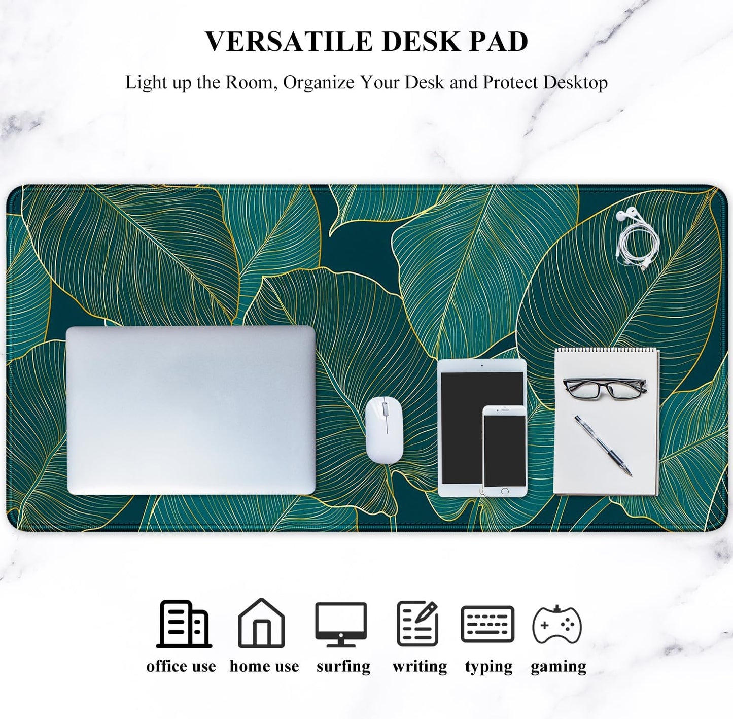Extended Mouse Pad, XXL Gaming Mouse Pads, Large Big Mousepad Laptop Computer Keyboard Mat Desk Pad with Non-Slip Base Stitched Edge for Gaming Office, 35.5 X 15.7 Inch, Tropical Leaves