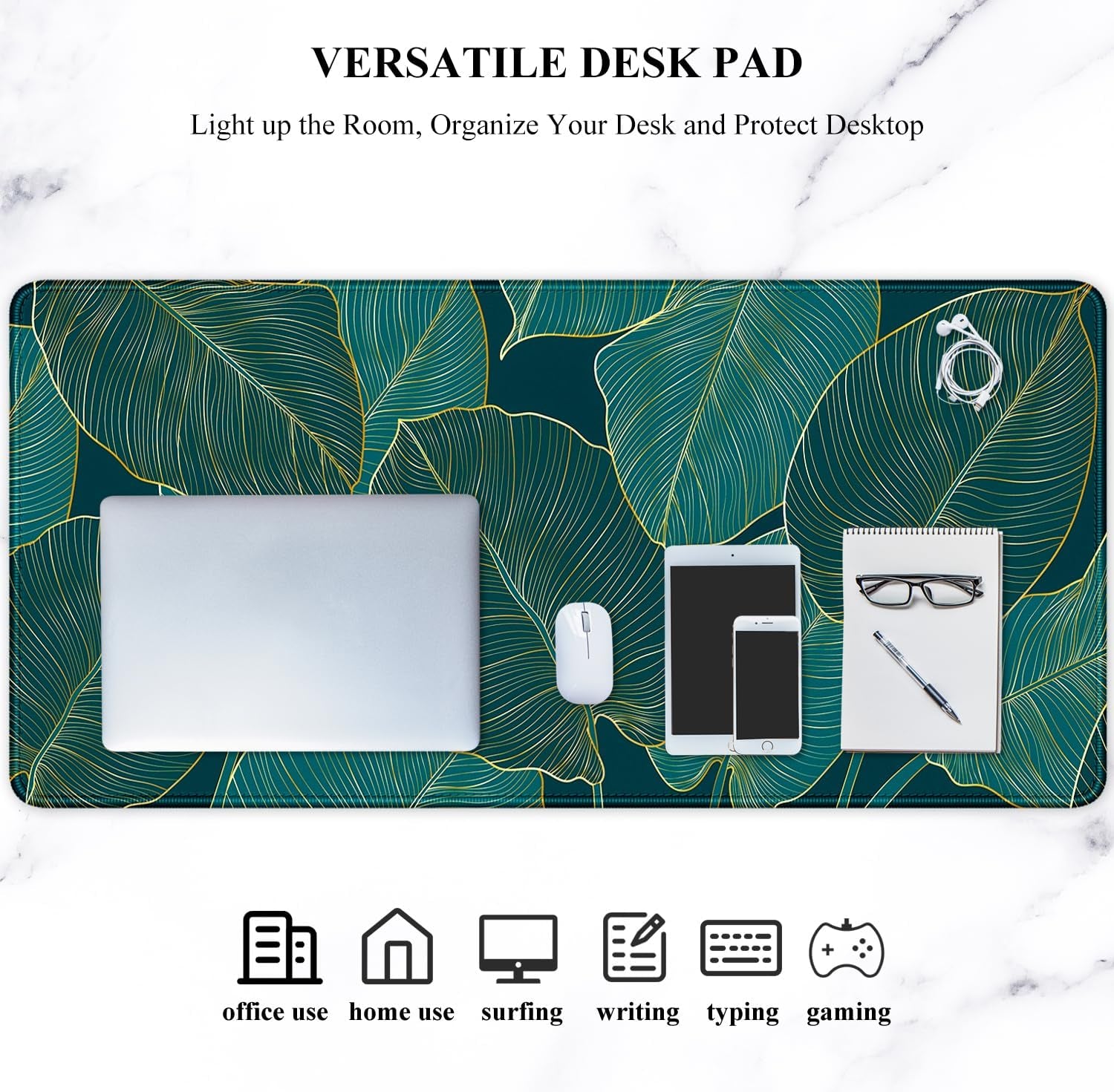 Extended Mouse Pad, XXL Gaming Mouse Pads, Large Big Mousepad Laptop Computer Keyboard Mat Desk Pad with Non-Slip Base Stitched Edge for Gaming Office, 35.5 X 15.7 Inch, Tropical Leaves