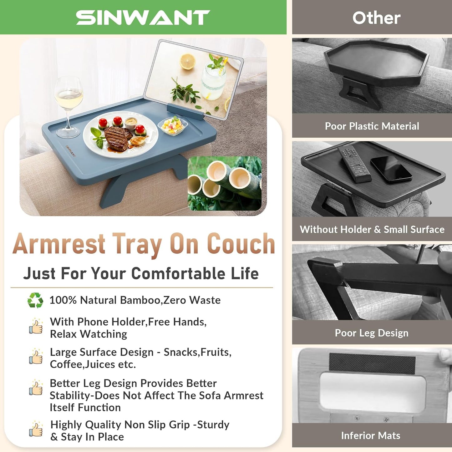 Sofa Arm Clip on Tray Table,Bamboo Couch Table for Wide Side Table, Armrest with 360° Phone Holder,Portable TV Table,Sofa Eating and Drink Blue