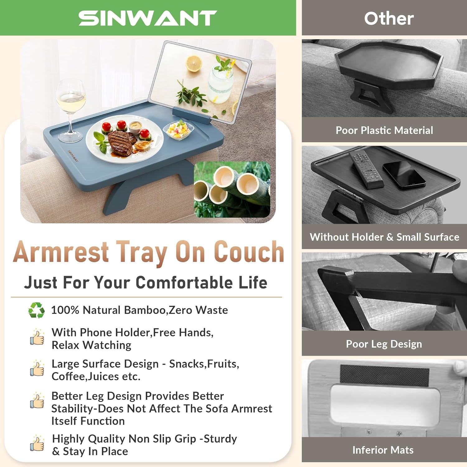 Sofa Arm Clip on Tray Table,Bamboo Couch Table for Wide Side Table, Armrest with 360° Phone Holder,Portable TV Table,Sofa Eating and Drink Blue