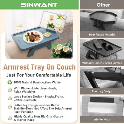 Sofa Arm Clip on Tray Table,Bamboo Couch Table for Wide Side Table, Armrest with 360° Phone Holder,Portable TV Table,Sofa Eating and Drink Blue